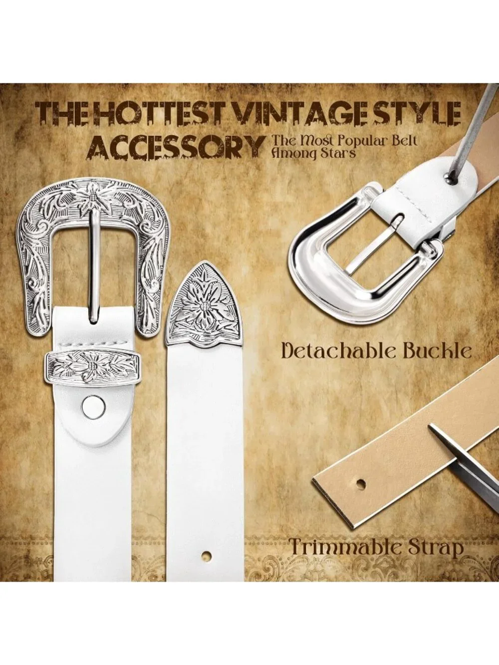 Women White With Shinning Buckle Leather Belt Vintage Western Design Waist Belt